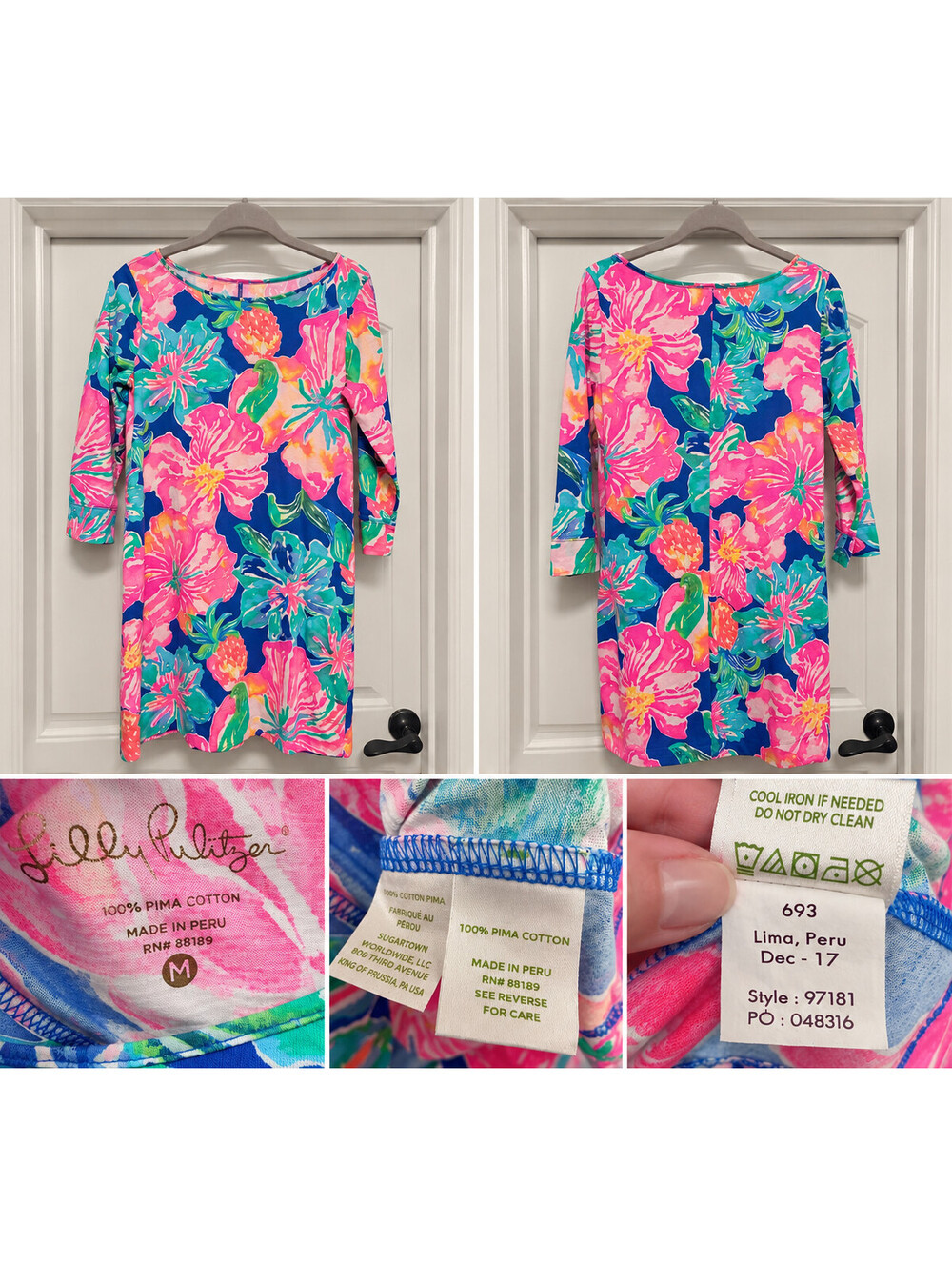 Lilly Pulitzer Marlowe Dress Size Medium Beckon Blue Jungle Utopia 3/4 Sleeve